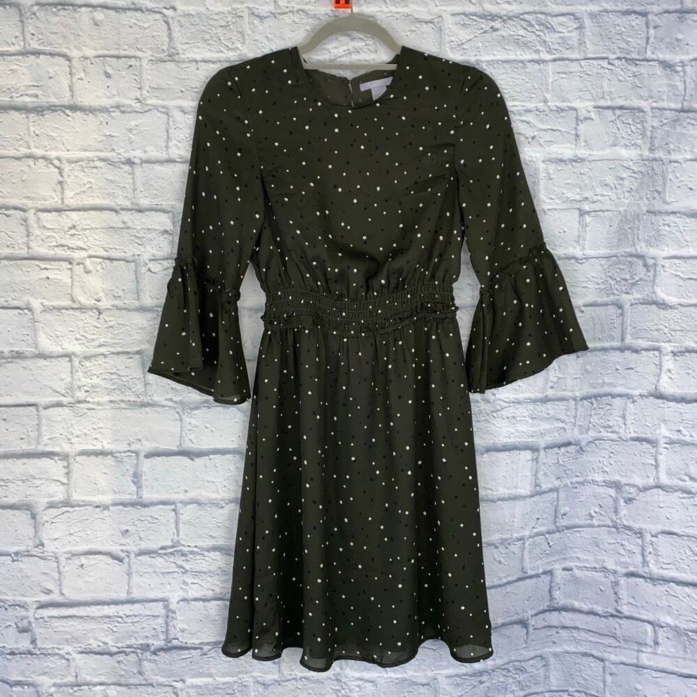 H&M women 2 green polka dot dress w/elastic waistband 3/4 sleeve